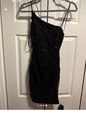 Windsor Black One-Shoulder Sequin Mini Dress with Double Spaghetti Straps